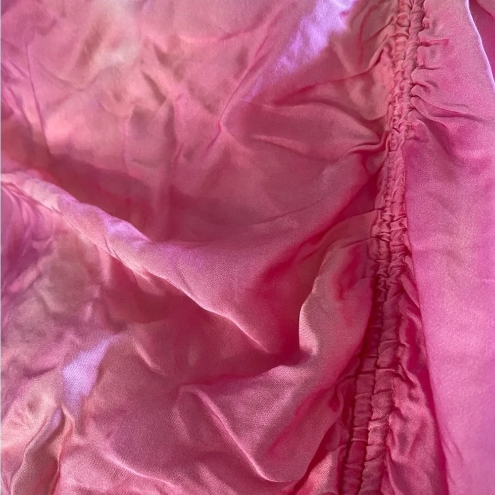 Zara Pink Semi Sheer Slit Draped Ombré Ruched Silk Satin Pencil Skirt Small